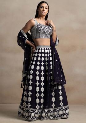 Dark Purple Embroidered Georgette Lehenga Set