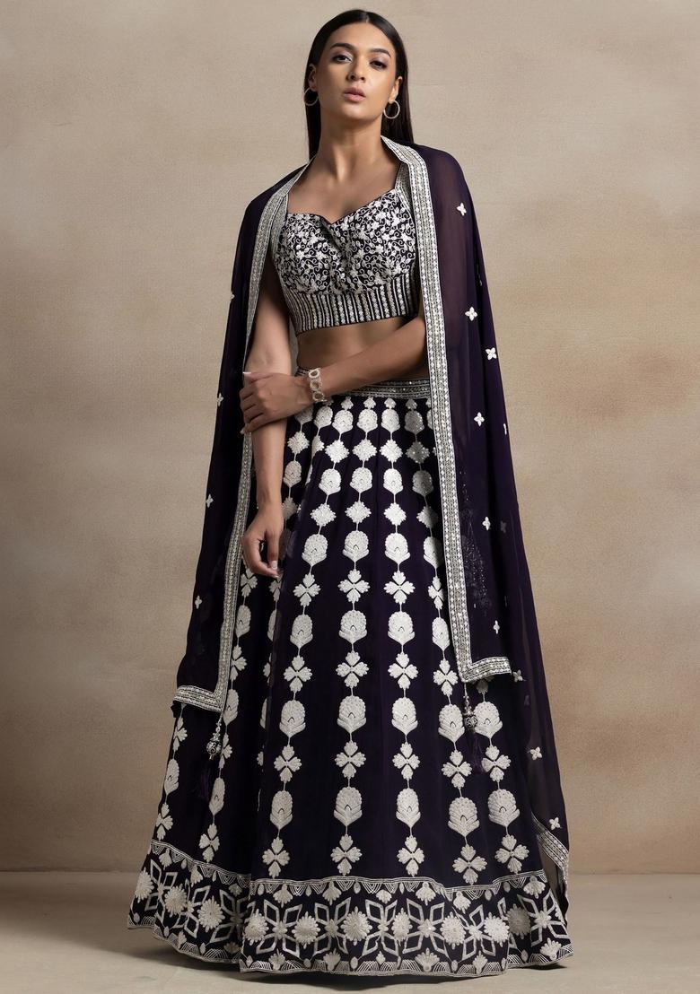 Dark Purple Embroidered Georgette Lehenga Set - Indya