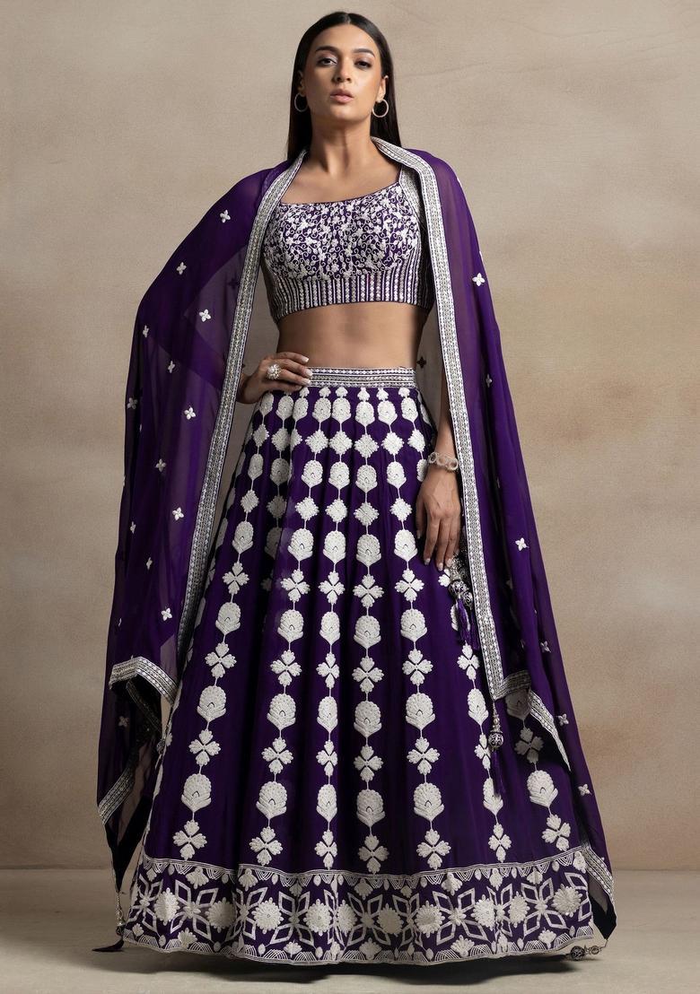Purple Embroidered Georgette Lehenga Set - Indya