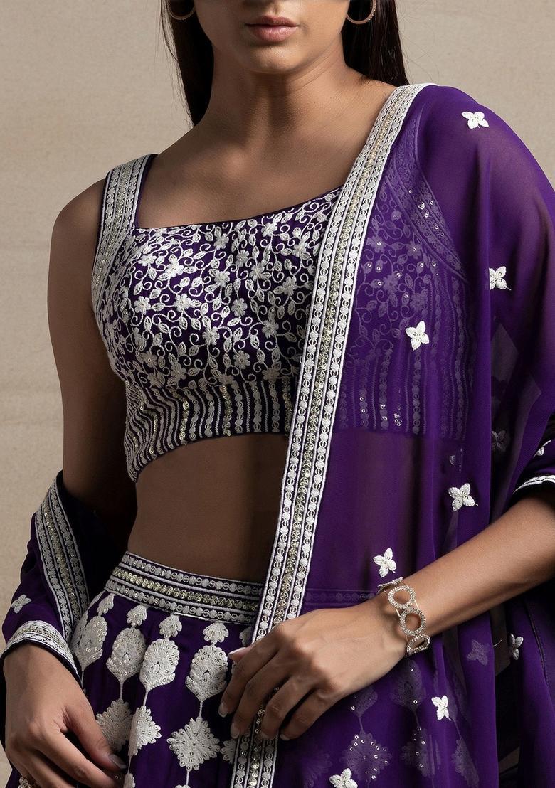 Purple Embroidered Georgette Lehenga Set - Indya