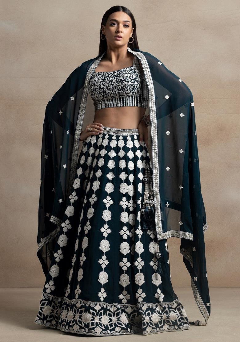 Turquoise Embroidered Georgette Lehenga Set - Indya