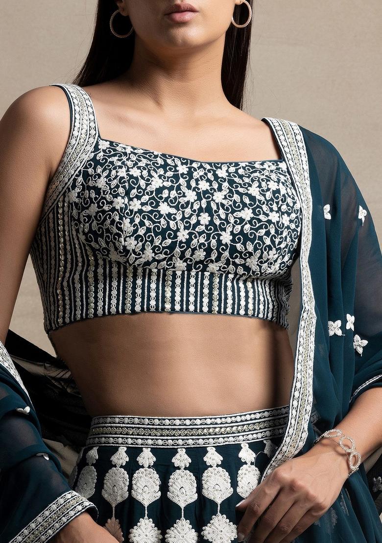 Turquoise Embroidered Georgette Lehenga Set - Indya