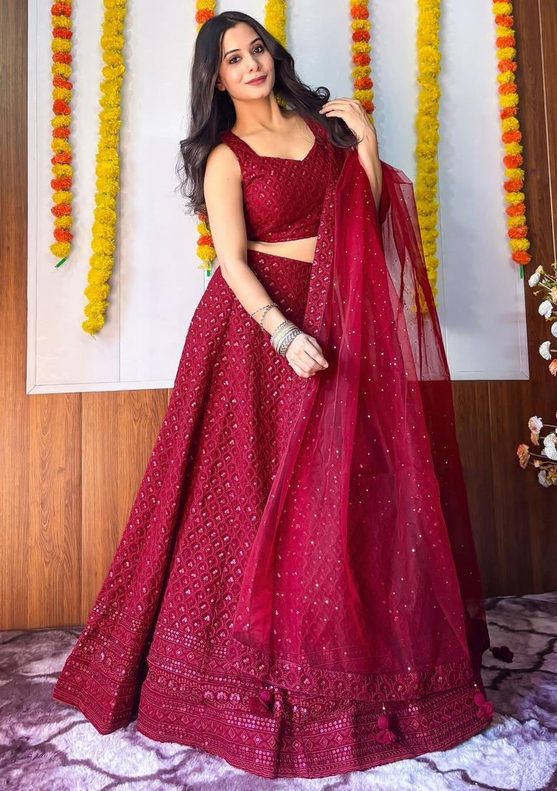 Rani Pink Embroidered Georgette Lehenga Set - Indya
