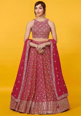 Red Embroidered Georgette Lehenga Set