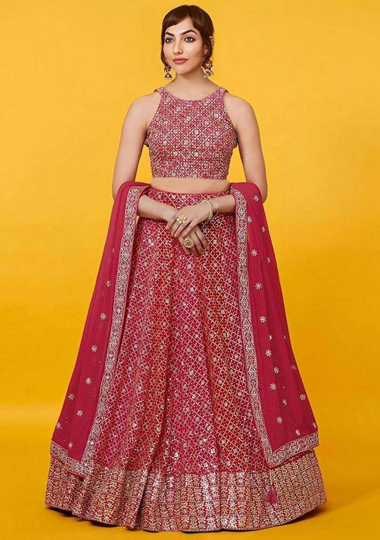 Red Embroidered Georgette Lehenga Set - Indya