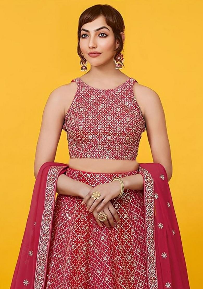 Red Embroidered Georgette Lehenga Set - Indya