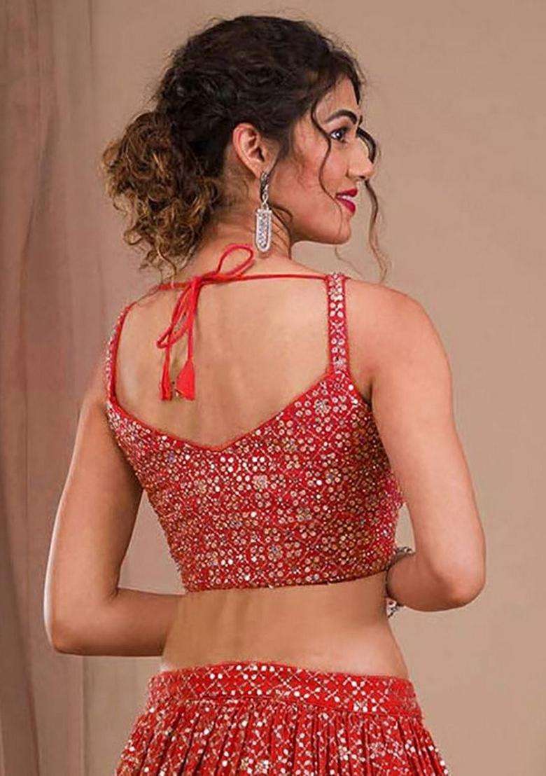 Red Embroidered Georgette Lehenga Set - Indya