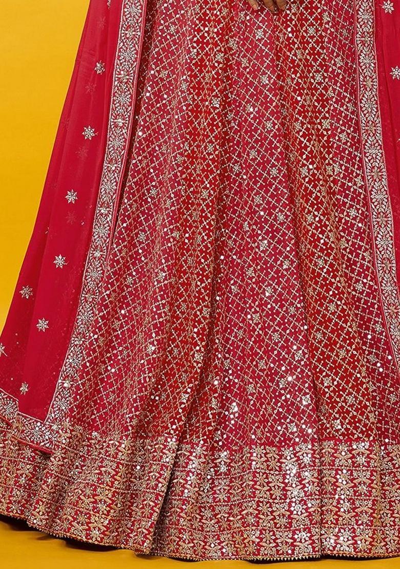 Red Embroidered Georgette Lehenga Set - Indya