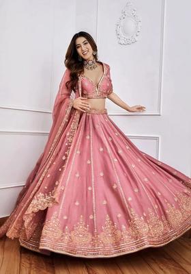 Pink Embroidered Silk Lehenga Set