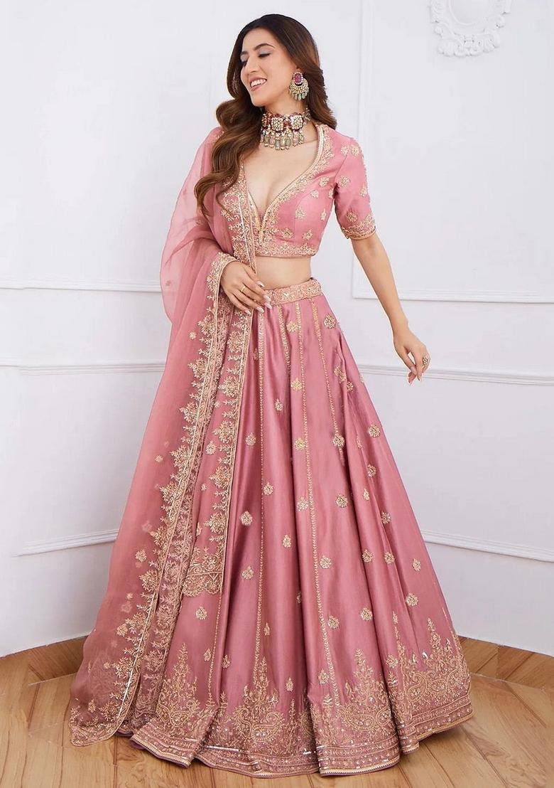 Pink Embroidered Silk Lehenga Set - Indya