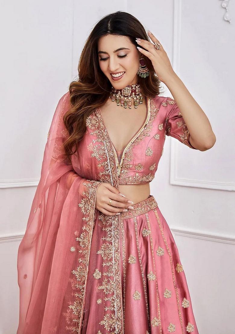 Pink Embroidered Silk Lehenga Set - Indya
