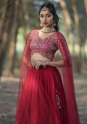Red Embroidered Georgette Lehenga Set
