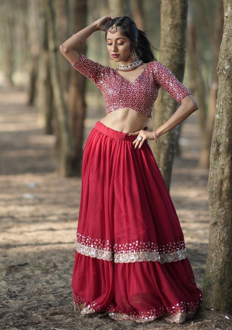 Red Embroidered Georgette Lehenga Set - Indya