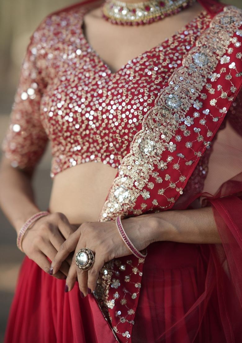 Red Embroidered Georgette Lehenga Set - Indya