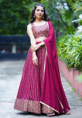 Wine Embroidered Georgette Lehenga Set
