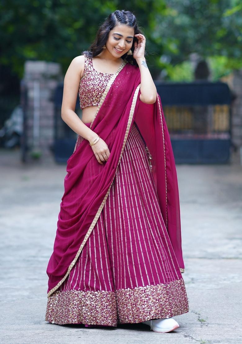 Wine Embroidered Georgette Lehenga Set - Indya