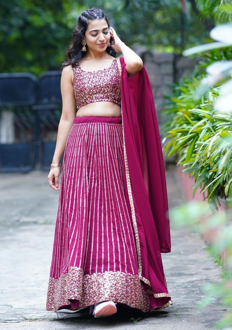 Wine Embroidered Georgette Lehenga Set - Indya