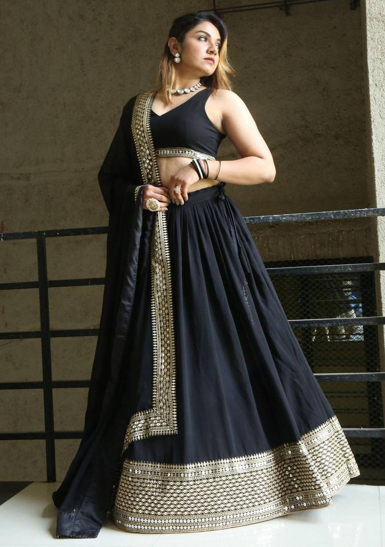 Black Embroidered Georgette Lehenga Set - Indya