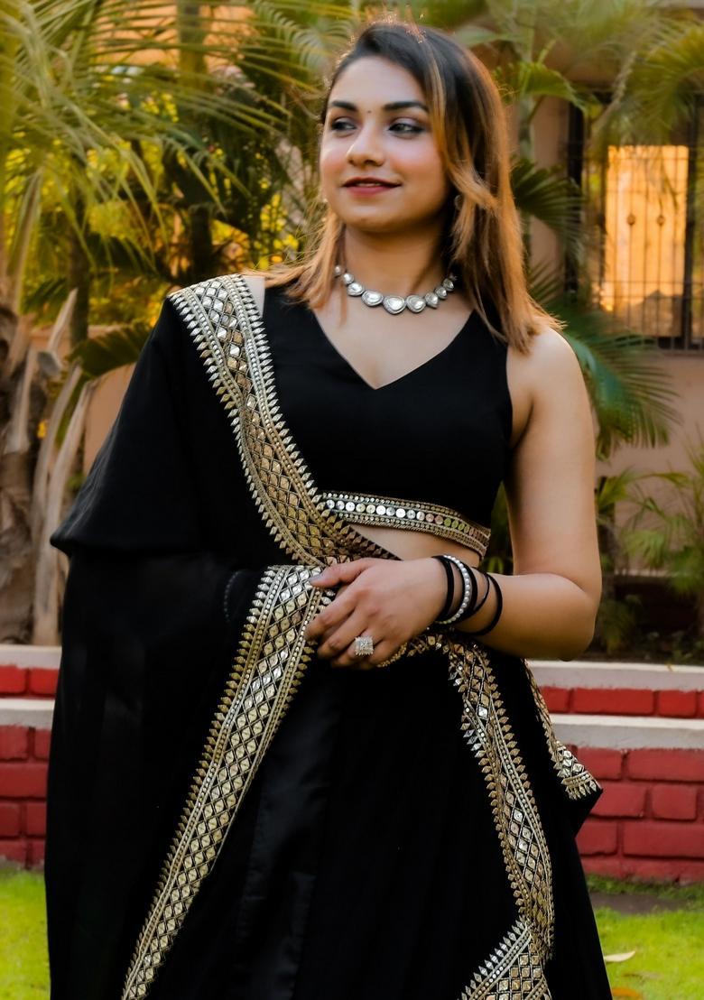 Black Embroidered Georgette Lehenga Set - Indya
