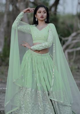 Light Green Embroidered Georgette Lehenga Set