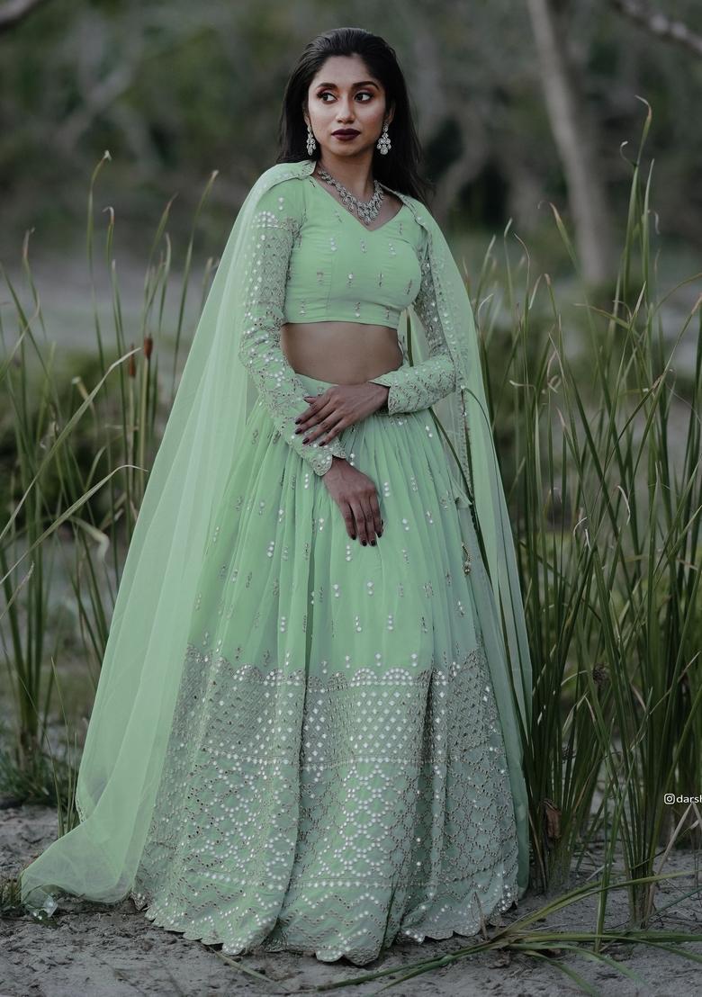 Light Green Embroidered Georgette Lehenga Set - Indya