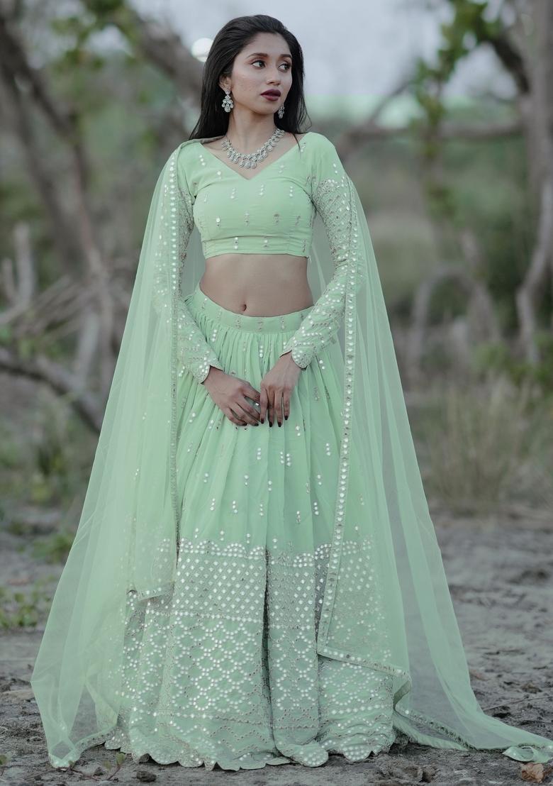 Light Green Embroidered Georgette Lehenga Set - Indya