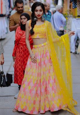 Yellow Embroidered Chiffon Lehenga Set