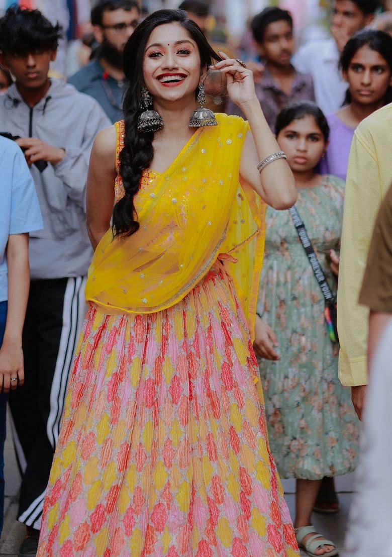 Yellow Embroidered Chiffon Lehenga Set - Indya