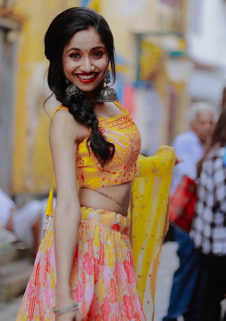 Yellow Embroidered Chiffon Lehenga Set - Indya