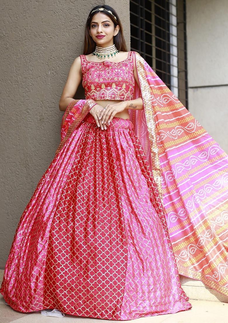 Pink Embroidered Chiffon Lehenga Set - Indya