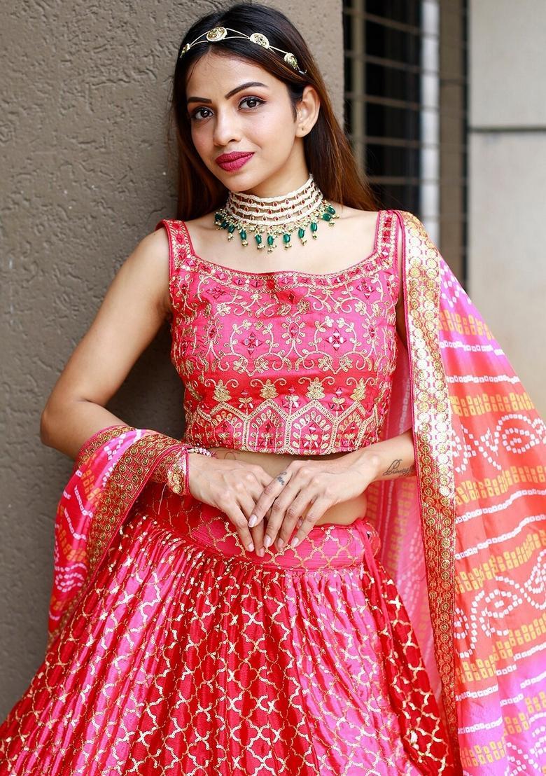 Pink Embroidered Chiffon Lehenga Set - Indya