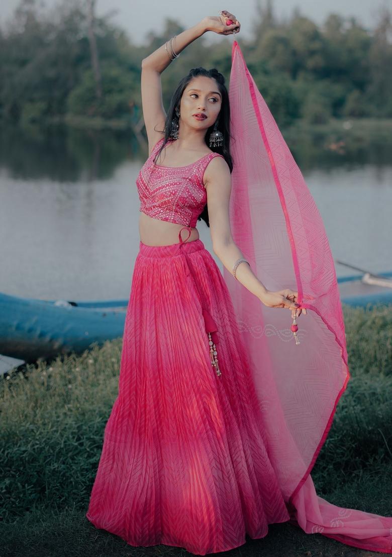 Pink Embroidered Organza Lehenga Set - Indya