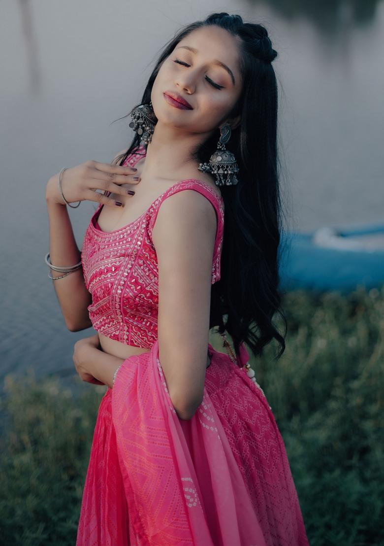 Pink Embroidered Organza Lehenga Set - Indya