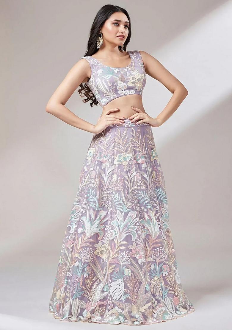 Lavender Embroidered Net Lehenga Set - Indya