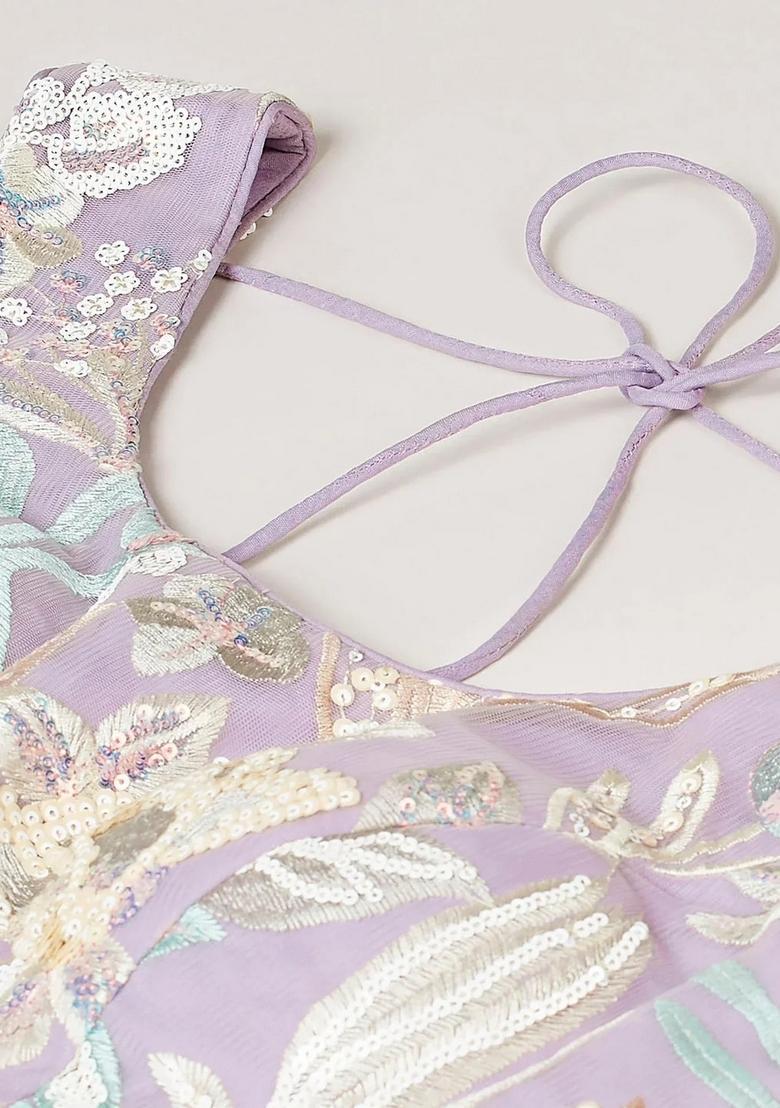 Lavender Embroidered Net Lehenga Set - Indya
