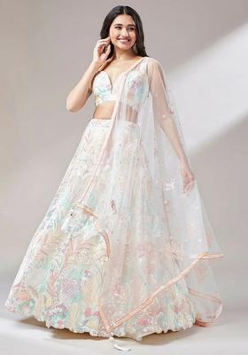 Off White Embroidered Net Lehenga Set