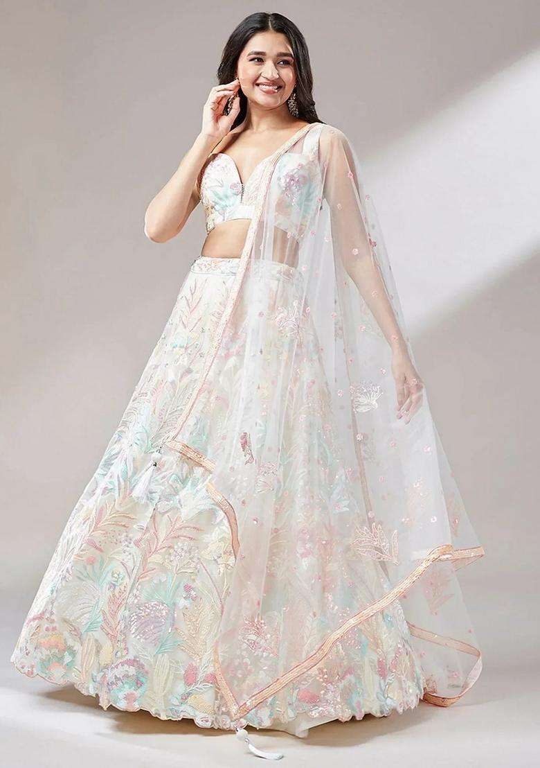 Off White Embroidered Net Lehenga Set - Indya