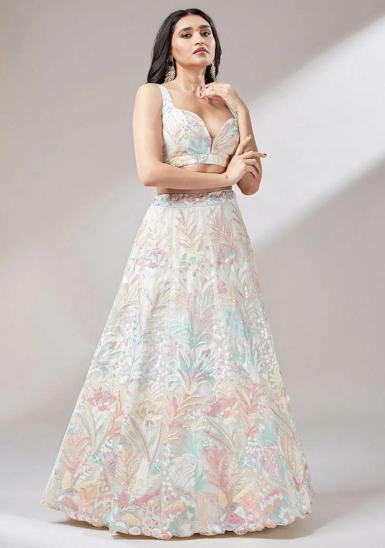 Off White Embroidered Net Lehenga Set - Indya