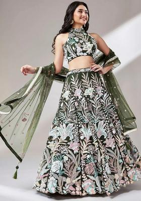 Olive Embroidered Net Lehenga Set