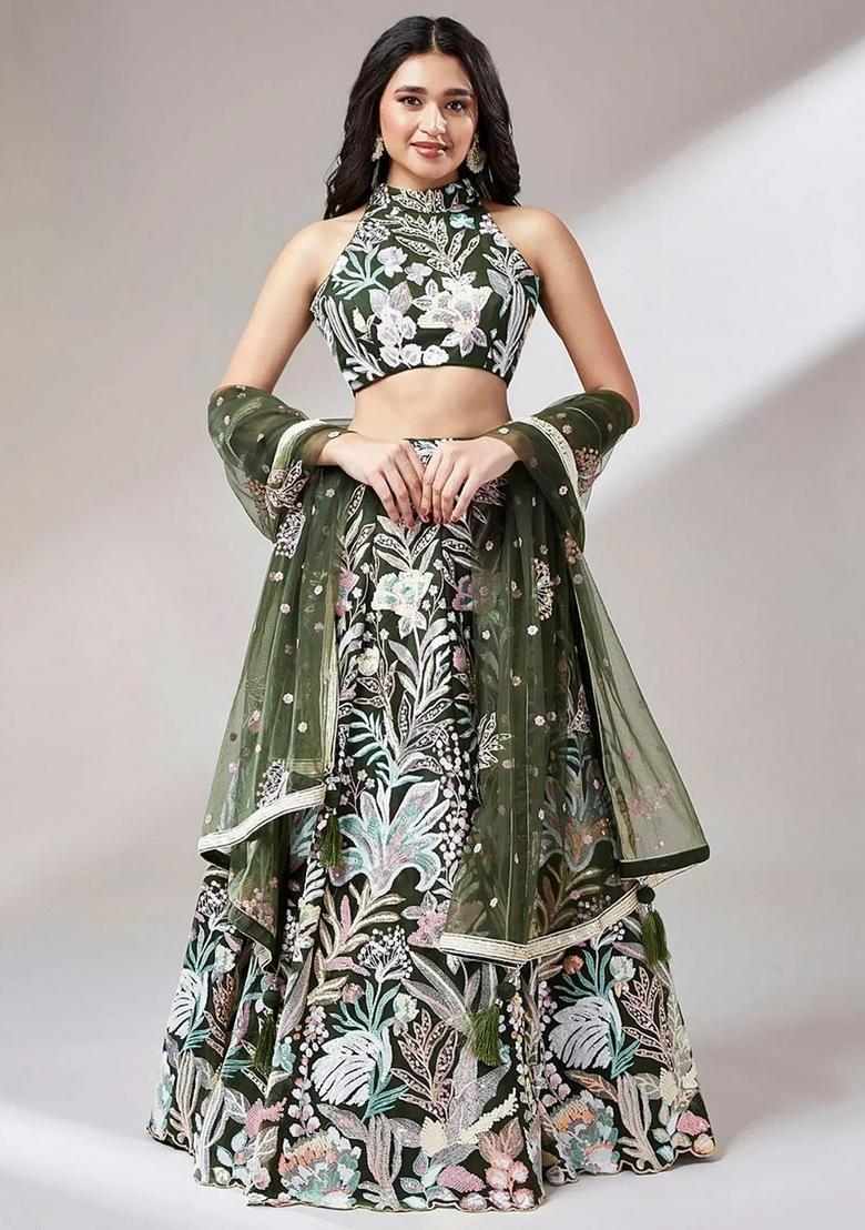 Olive Embroidered Net Lehenga Set - Indya