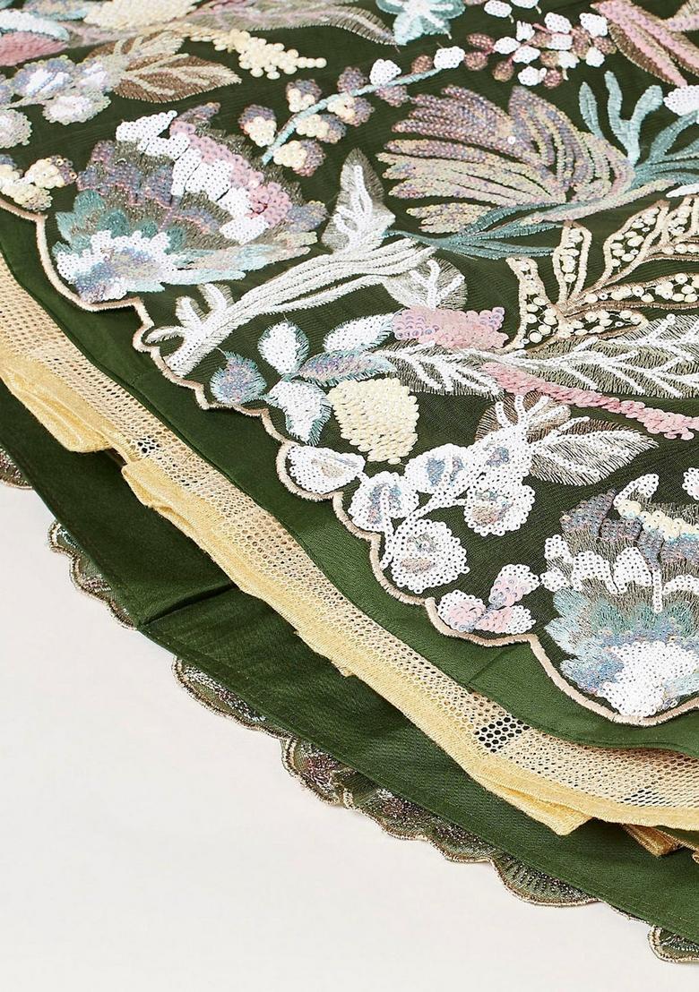 Olive Embroidered Net Lehenga Set - Indya
