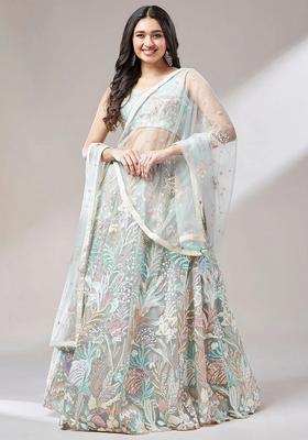 Light Green Embroidered Net Lehenga Set