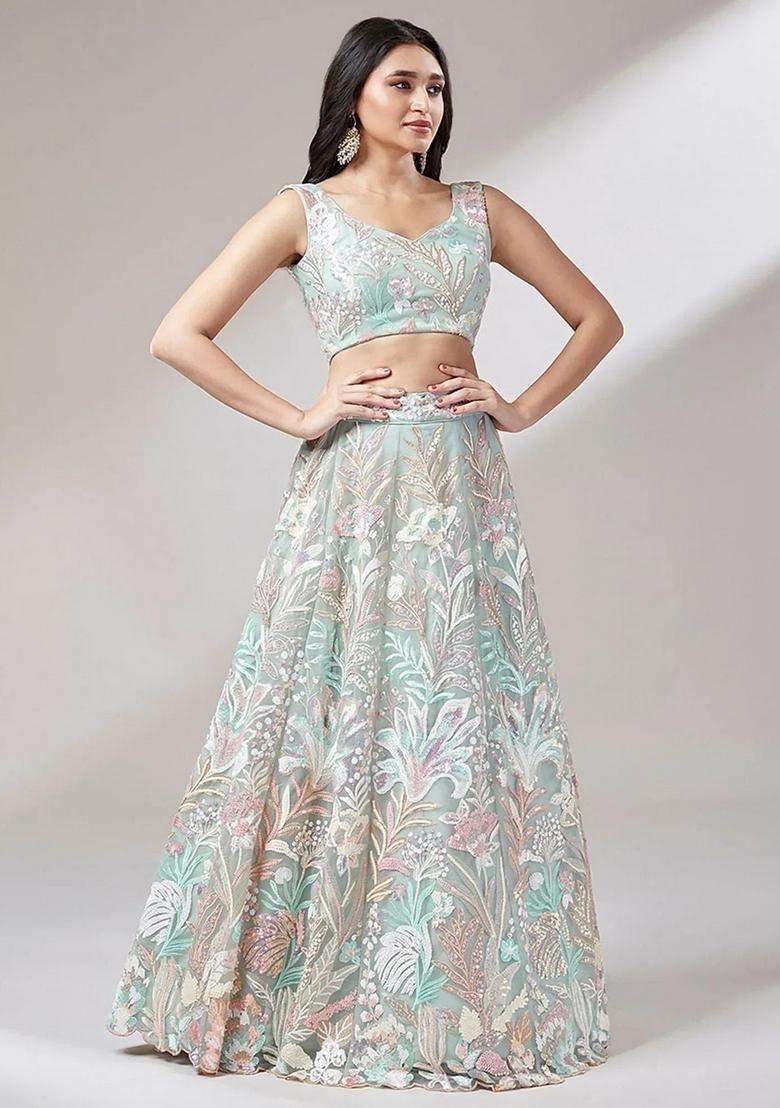 Light Green Embroidered Net Lehenga Set - Indya