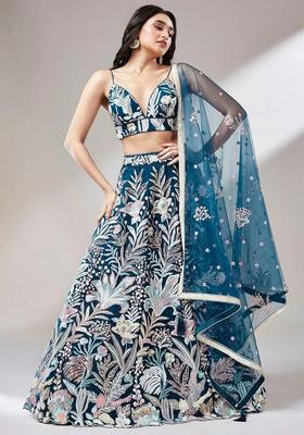 Teal Blue Embroidered Net Lehenga Set