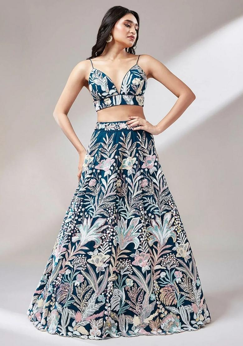 Teal Blue Embroidered Net Lehenga Set - Indya