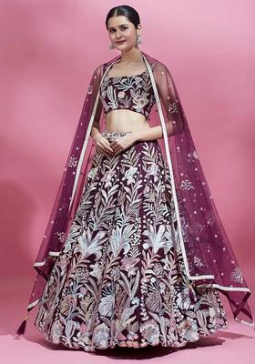 Wine Embroidered Net Lehenga Set