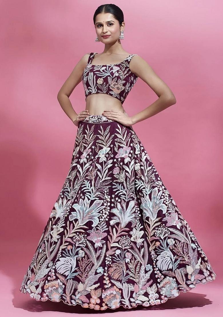 Wine Embroidered Net Lehenga Set - Indya