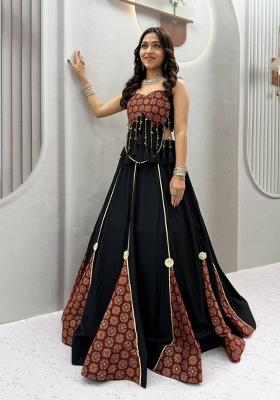 Black And Maroon Printed Cotton Navratri Lehenga Set