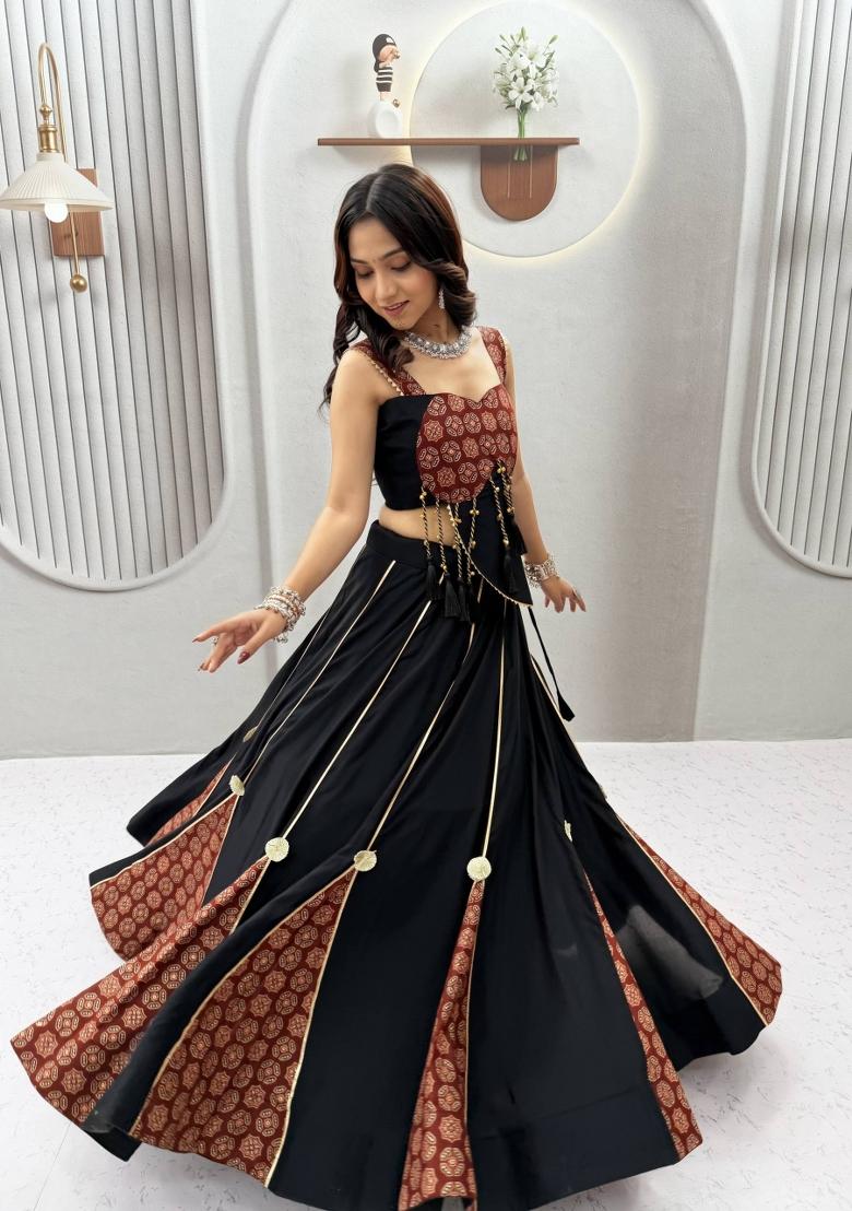 Black And Maroon Printed Cotton Navratri Lehenga Set - Indya