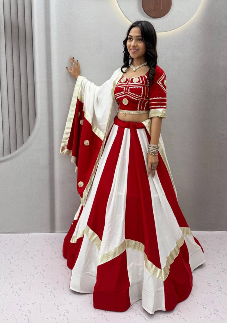 Crimson Red And Off White Gota Patti Cotton Navratri Lehenga Set - Indya